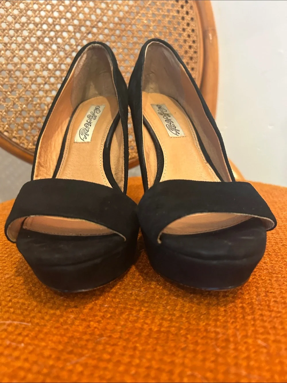 Naughty Monkey Black Suede Peep Toe Wedge Heels